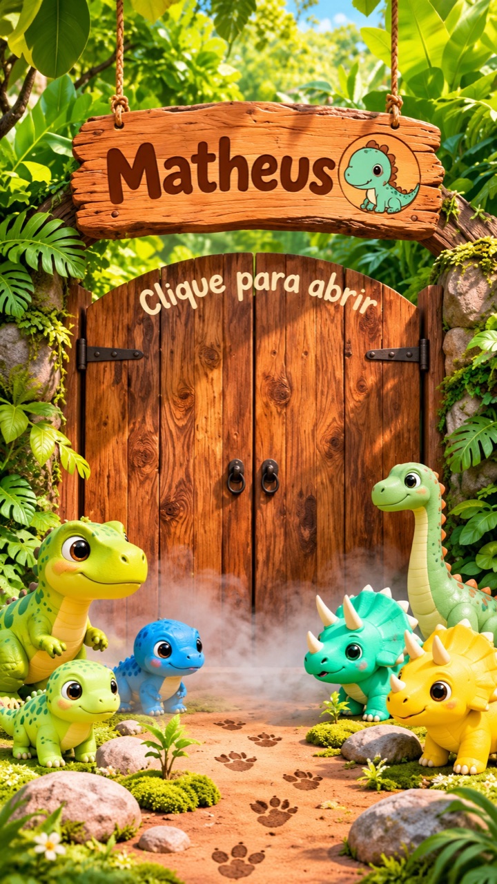 Placa de madeira com o nome Matheus. Clique para abrir o portão, cercado por seis dinossauros bebês na floresta.